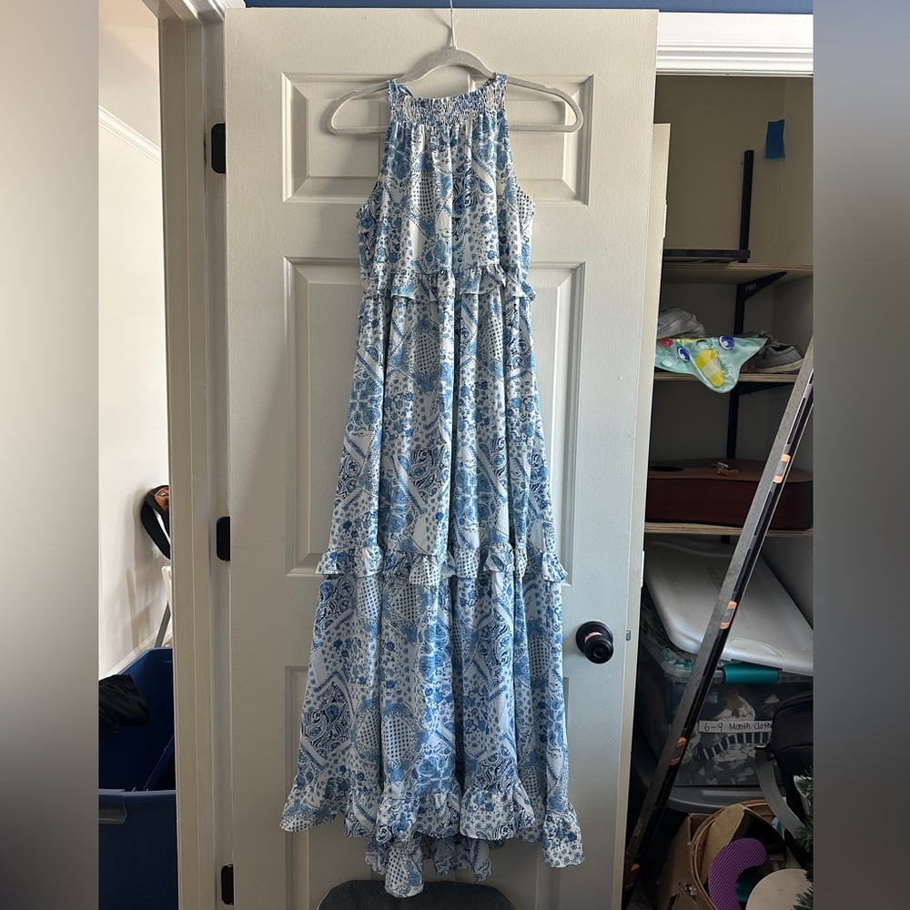 PinkBlush Blue Floral Paisley Print Tiered Maxi Dress